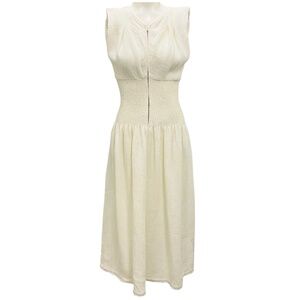 JIL SANDER IVORY ZIP FRONT SLEEVELESS LINEN MIDI DRESS
